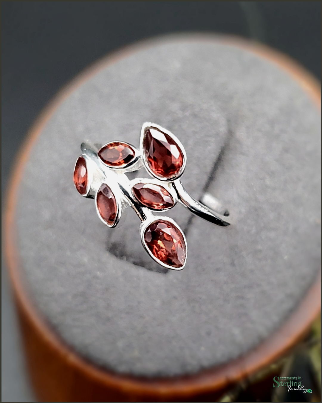 Gemstone and Sterling Silver Leaves Ring in Garnet