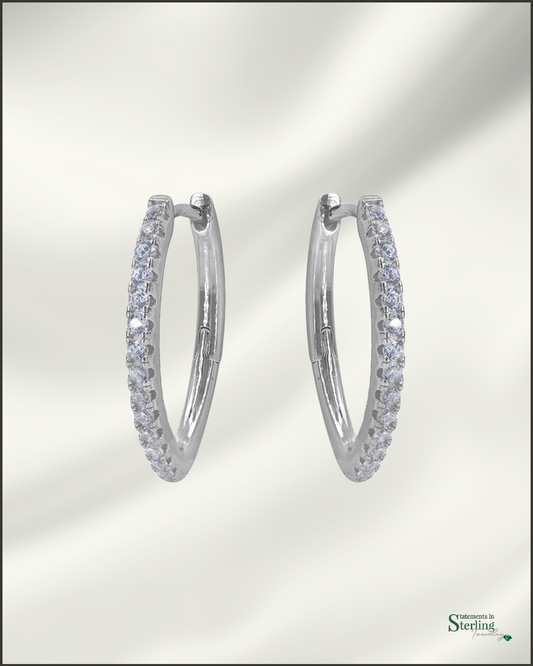 Sterling Silver Sparkle "V" Hoop Earrings in Rhodium