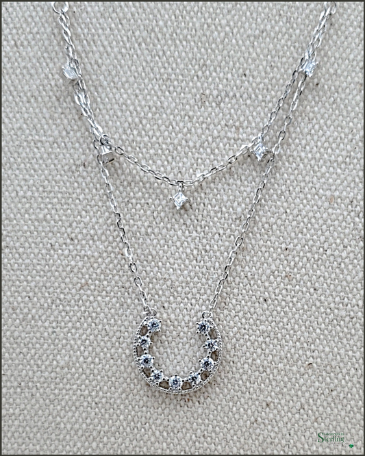 Sterling Silver Horseshoe Cubic Zirconia Layered Necklace