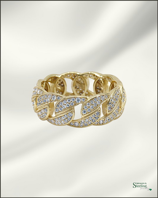 Sterling Silver Men's Curb Link Ring with Cubic Zirconia in Gold