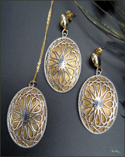 Vintage Italian Sterling Silver Pendant Necklace and Earrings with Gold Overlay