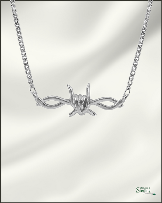Sterling Silver Barbed Wire Necklace in Rhodium