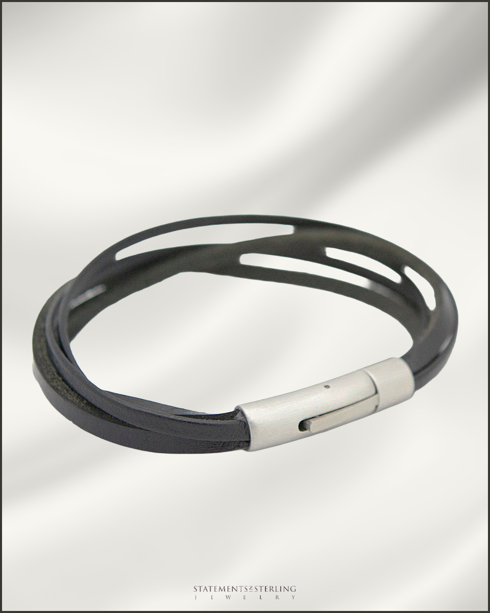 Rimanchik XYZ Leather and Stainless Steel Bracelet in Black Leather