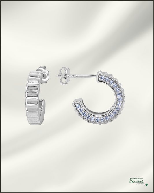 Sterling Silver Petite Hoop Earrings with Cubic Zirconia in Rhodium