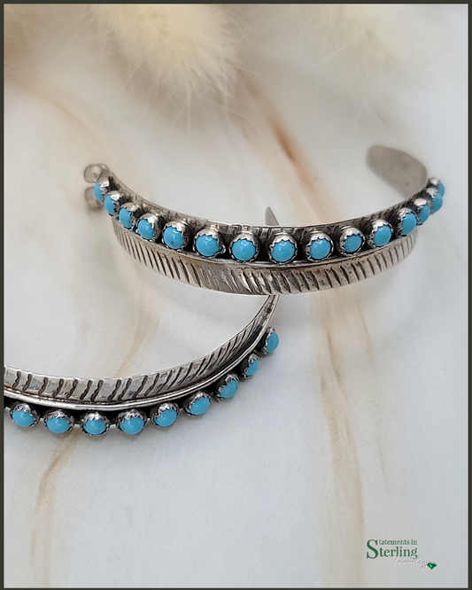 Sleeping Beauty Turquoise and Sterling Silver Navajo Feather Hoop Earrings by Chester Charlie