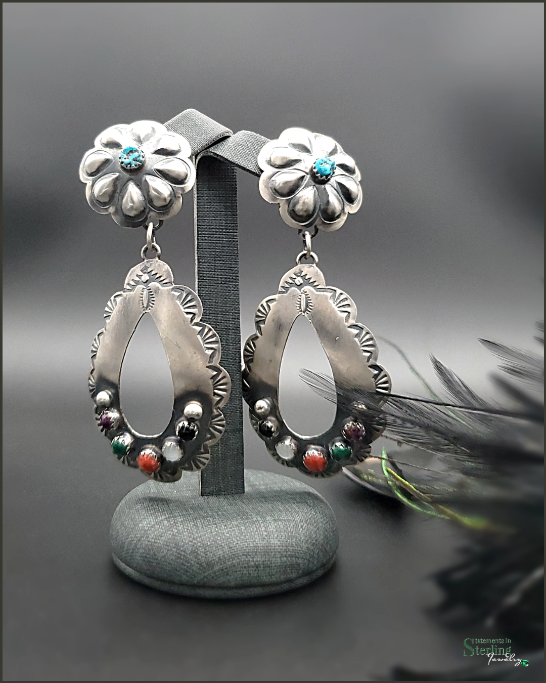 Navajo Multi Gemstone Sterling Silver Concho Earrings by Tim Yazzie