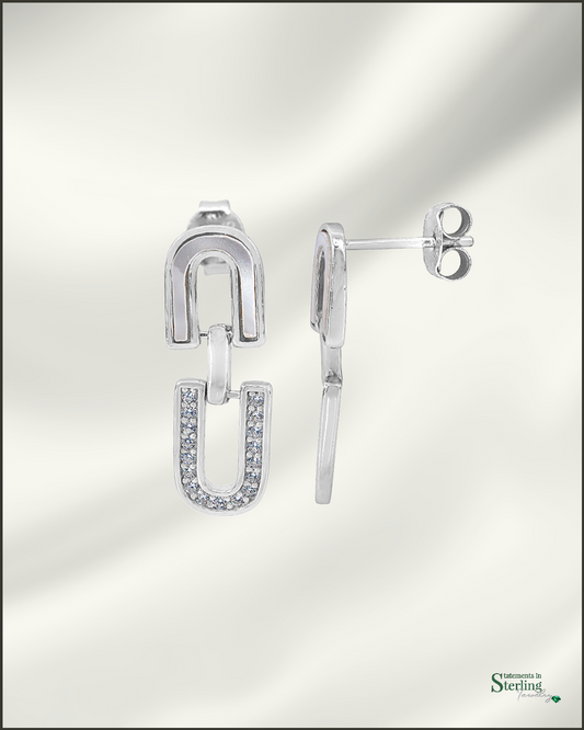 Sterling Silver Pearl Inlay U-Link Earrings in Rhodium