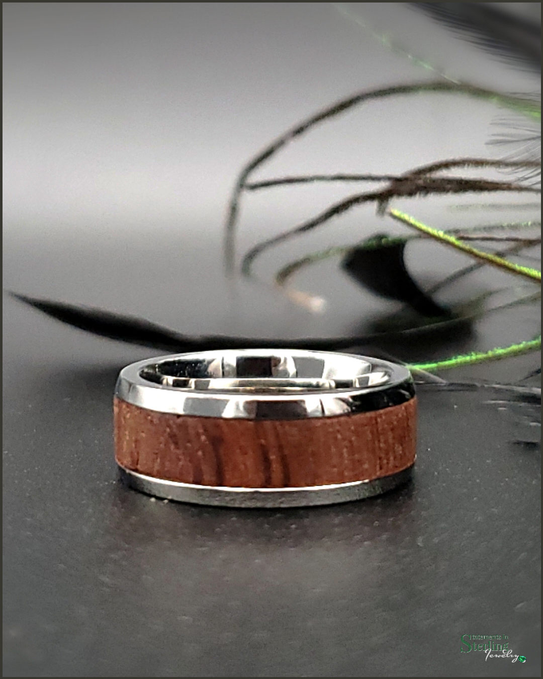 Bubinga Wood Inlay Ring Band in Polished Stainless Steel