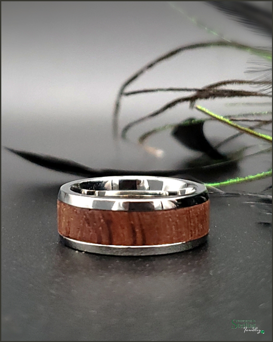 Bubinga Wood Inlay Ring Band in Polished Stainless Steel