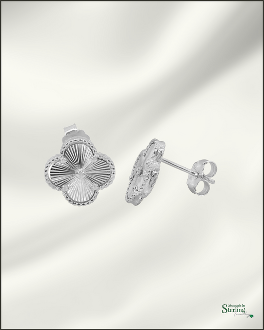 Sterling Silver Clover Stud Earrings in Rhodium