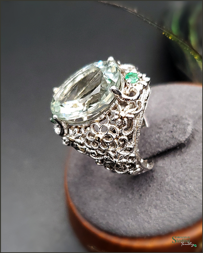 Vintage Prasiolite, Zambian Emerald and Sterling Silver Victorian Ring