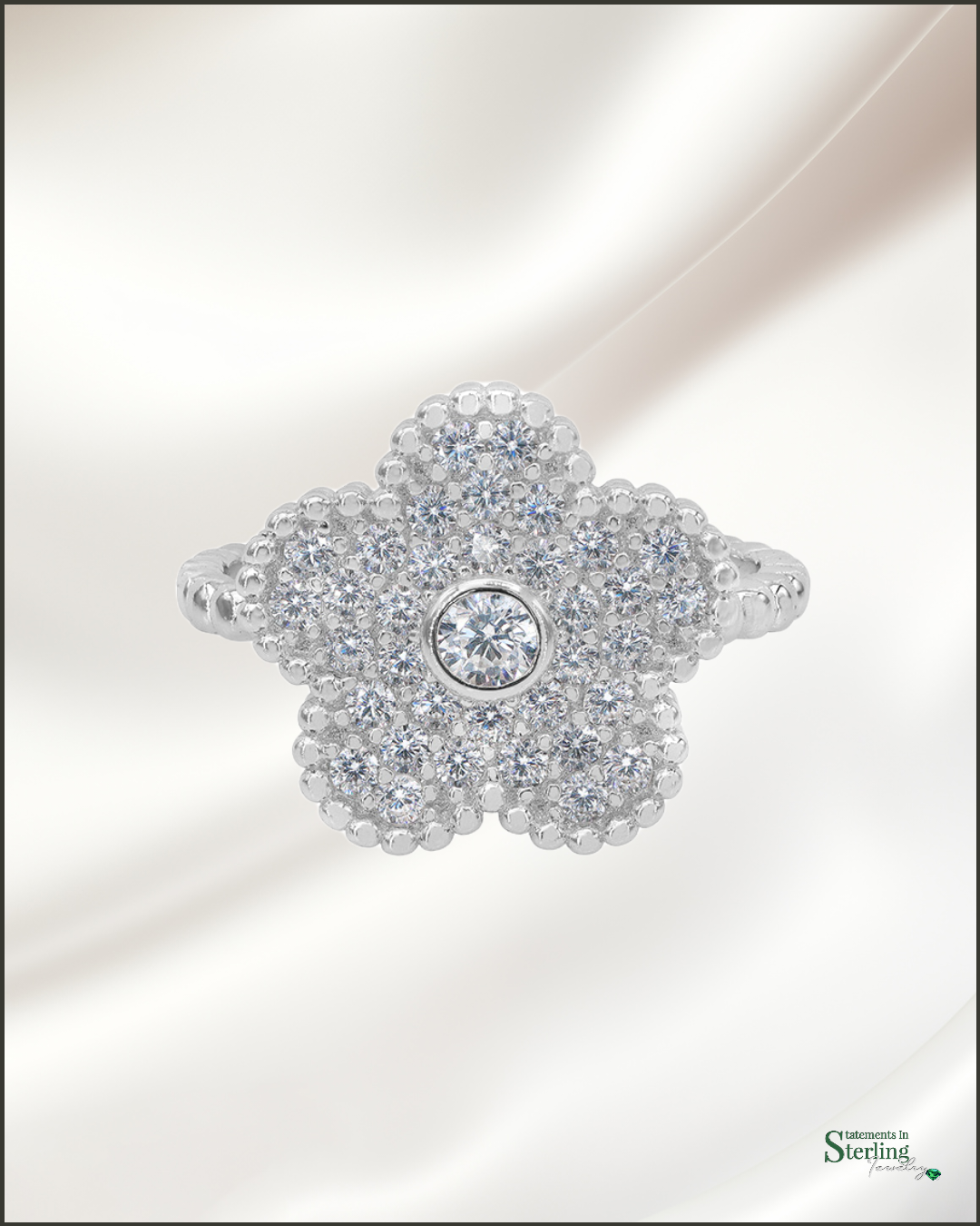 Sterling Silver Flower Ring with Cubic Zirconia in Silver