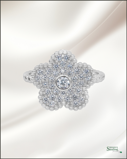 Sterling Silver Flower Ring with Cubic Zirconia in Silver
