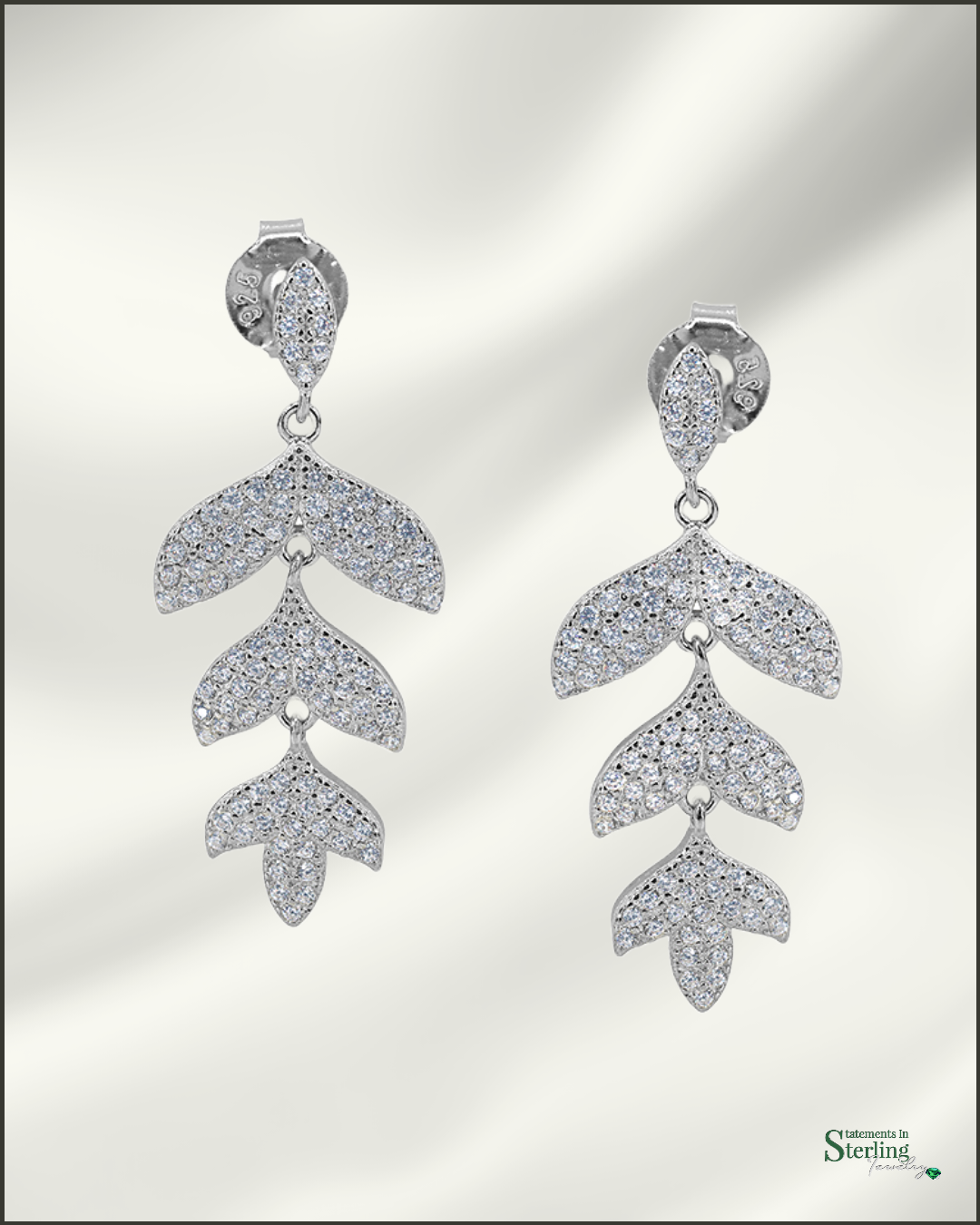 Sterling Silver Cubic Zirconia Leaf Drop Earrings in Rhodium