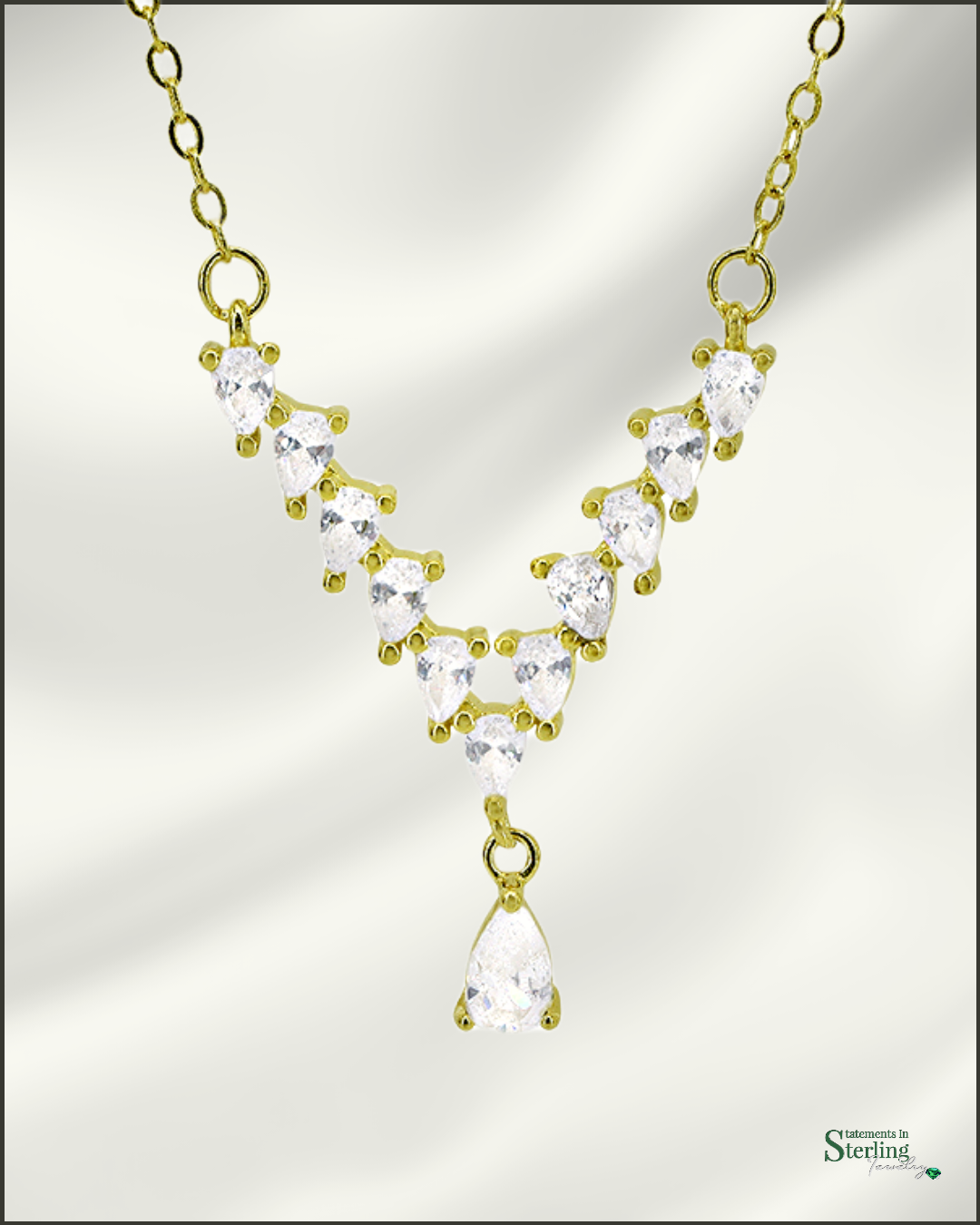 Sterling Silver Art Deco Drop Necklace with Cubic Zirconia in Gold