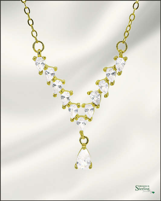 Sterling Silver Art Deco Drop Necklace with Cubic Zirconia in Gold