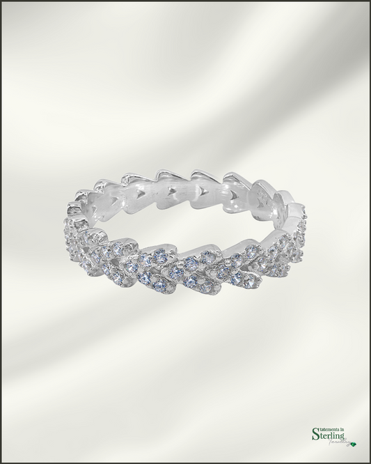 Sterling Silver Chevron Eternity Band Ring with Cubic Zirconia in Rhodium