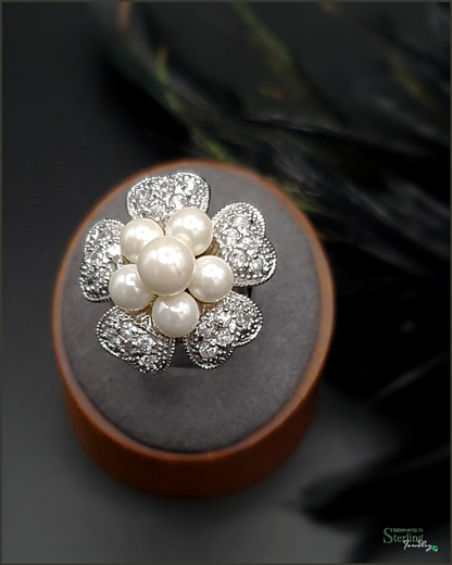 Pearl, White Topaz and Sterling Silver Forever Flower Ring