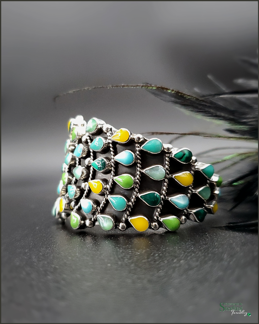 Multi Gemstone and Sterling Silver Teardrop Cluster Cuff Bracelet in Green