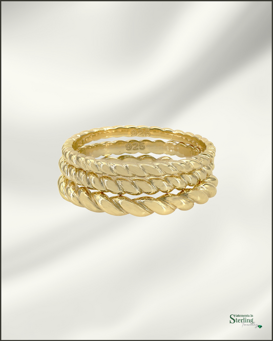 Sterling Silver Twisted Ring Trio in Gold