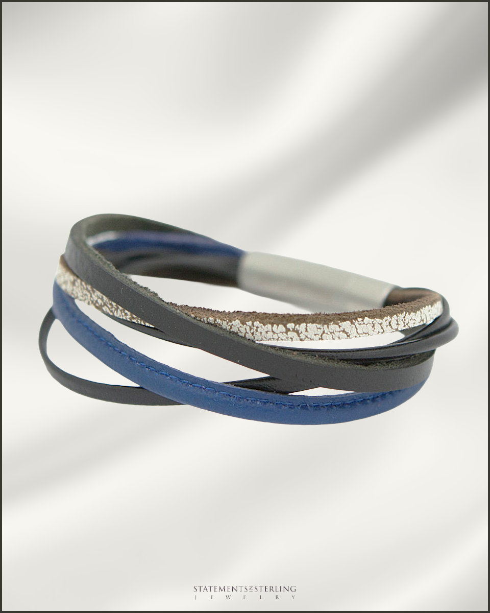 Rimanchik XYZ Leather and Stainless Steel Bracelet in Blue Leather