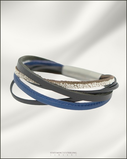 Rimanchik XYZ Leather and Stainless Steel Bracelet in Blue Leather