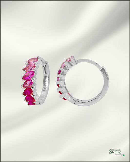 Sterling Silver Petite Hoop Earrings with Pink Cubic Zirconia in Rhodium