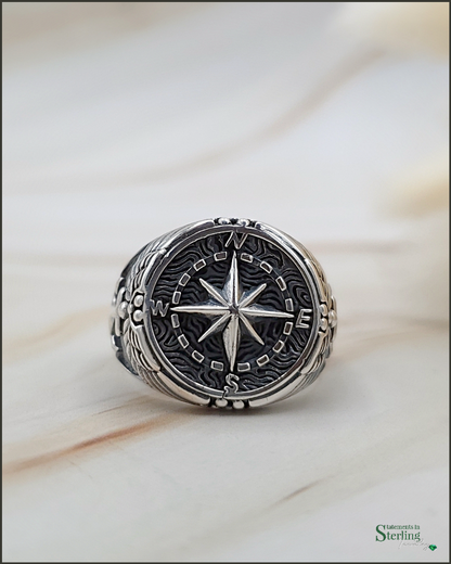 Sterling Silver Oxidized Compass and Anchor Ring