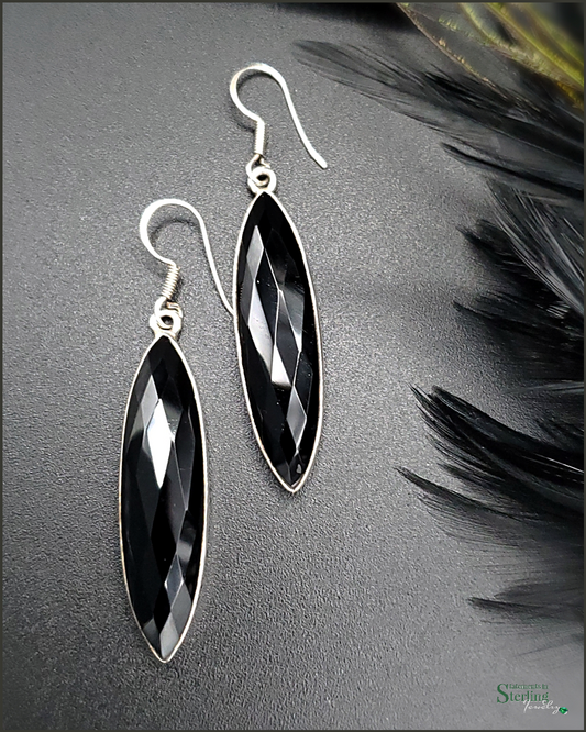 Black Onyx Marquis and Sterling Silver Earrings