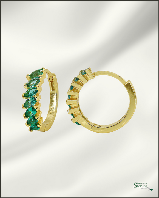 Sterling Silver Petite Hoop Earrings with Emerald Cubic Zirconia in Gold