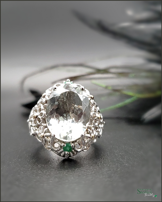 Prasiolite, Zambian Emerald and Sterling Silver Vintage Victorian Ring