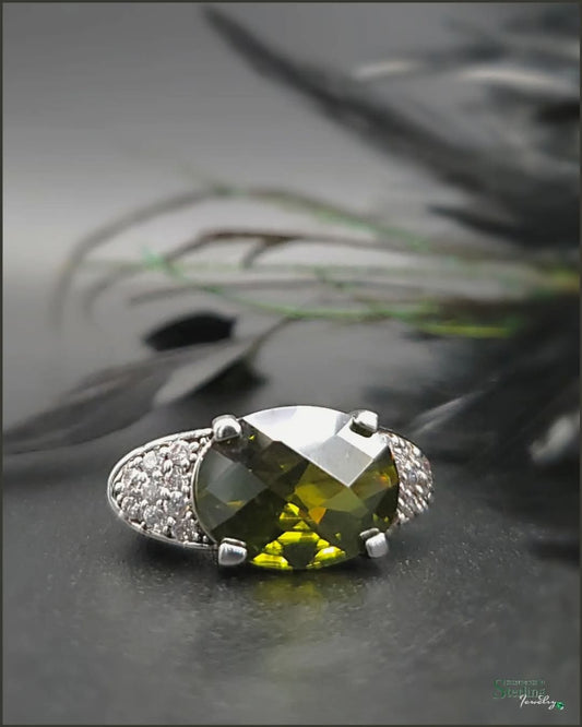 Olive Green Peridot, White Topaz and Sterling Silver Elegance Ring