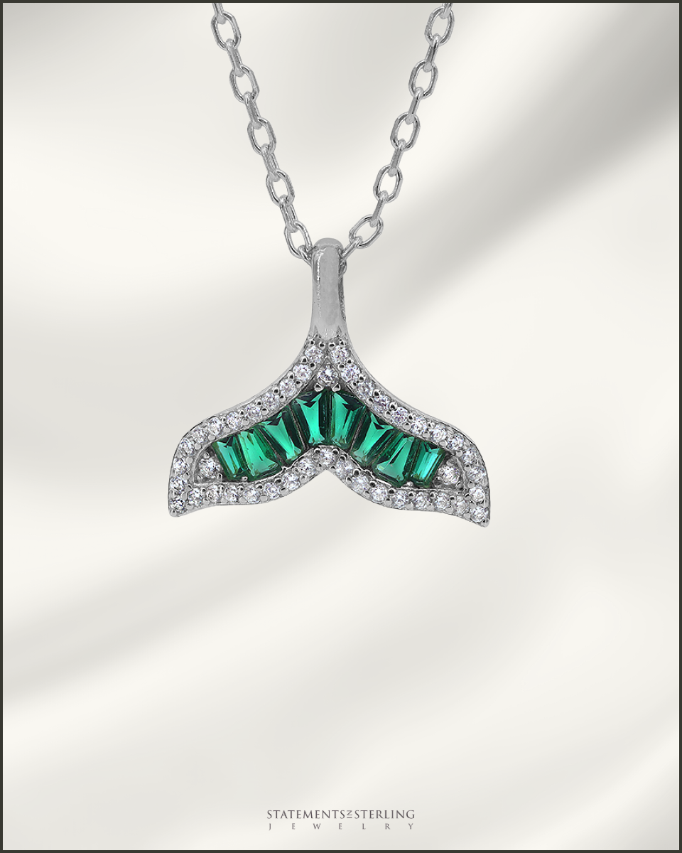 Sterling Silver Art Deco Mermaid Tail Necklace with Emerald Cubic Zirconia in Rhodium