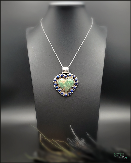 Kingman Turquoise, Lapis Lazuli and Sterling Silver Custom Heart Pendant by Sandra Parkett