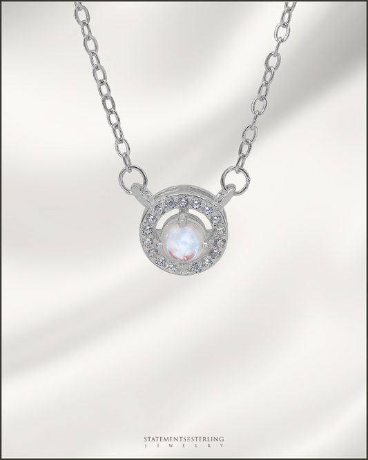 Sterling Silver Emulated Opal Necklace with Cubic Zirconia in Rhodium