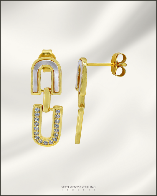 Sterling Silver Pearl Inlay U-Link Earrings in Gold