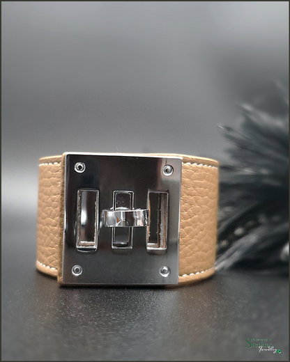 Kelly Style Lock Bracelet in Tan Lambskin Leather and Stainless Steel