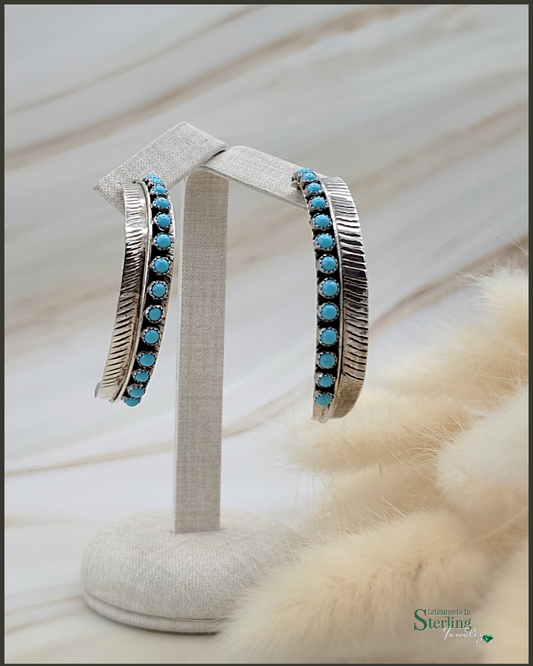 Sleeping Beauty Turquoise and Sterling Silver Navajo Feather Hoop Earrings by Chester Charlie