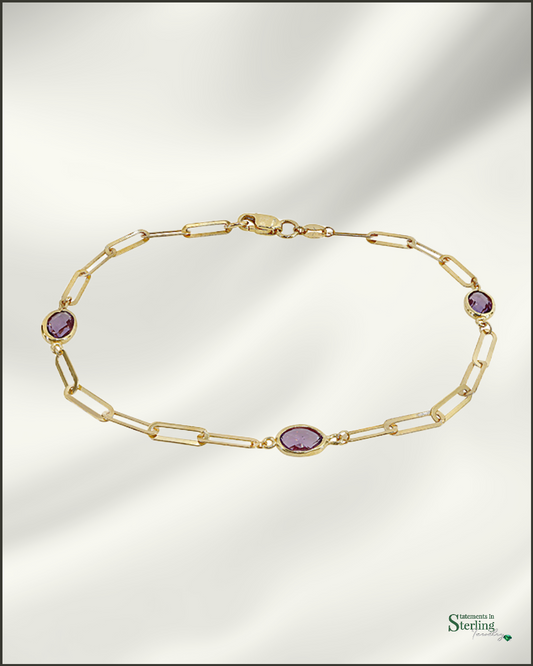 10k Gold Paperclip Link Gemstone Bracelet in Amethyst