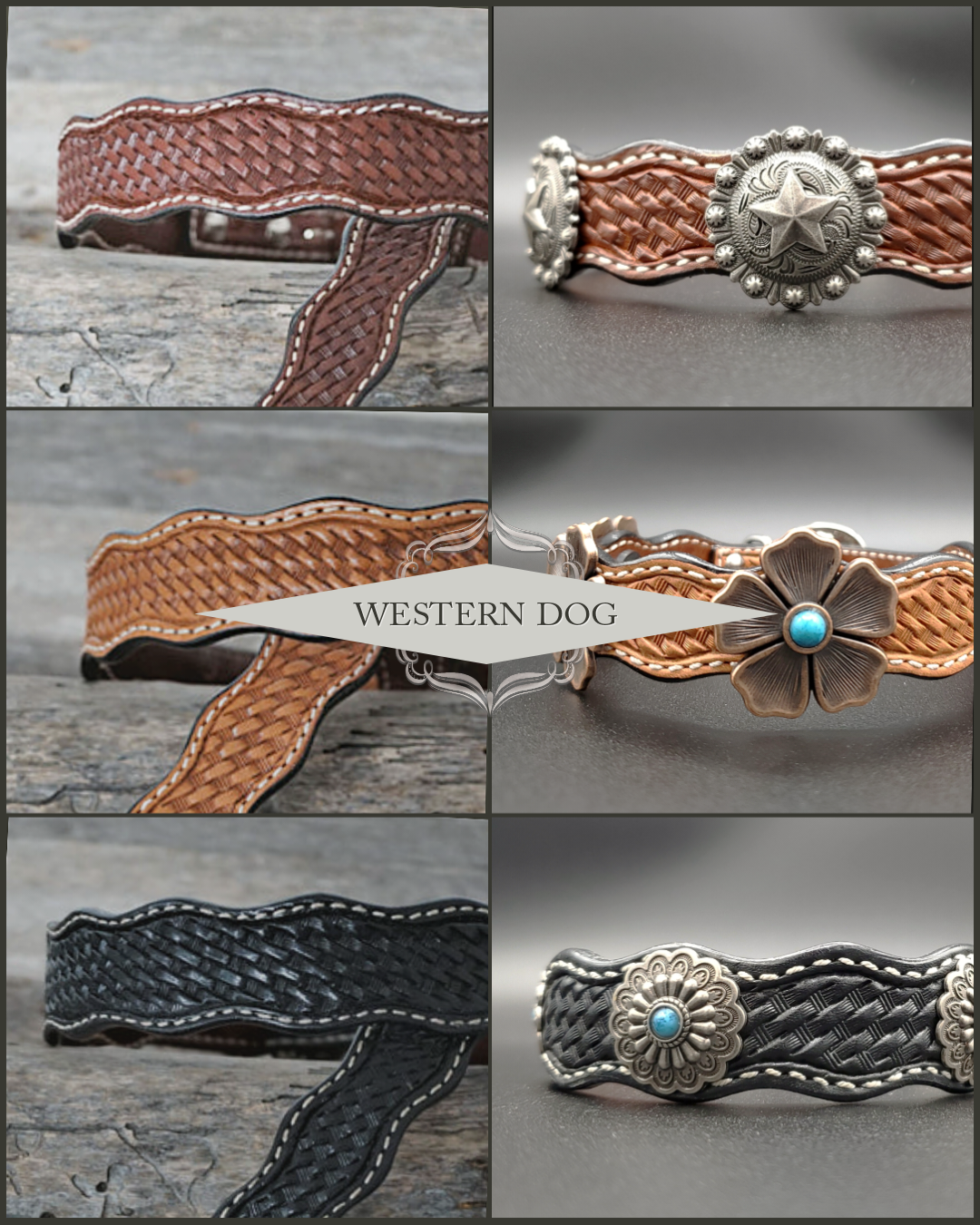 Rodeo Drive Conchos Handcrafted Leather Dog Collar with Silver and Turquoise Conchos in Black