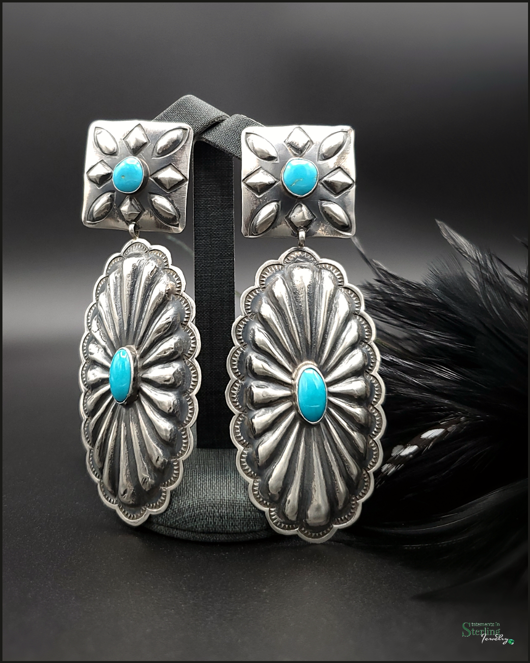 Sleeping Beauty Turquoise and Sterling Silver Oversize Concho Earrings by Rita Lee