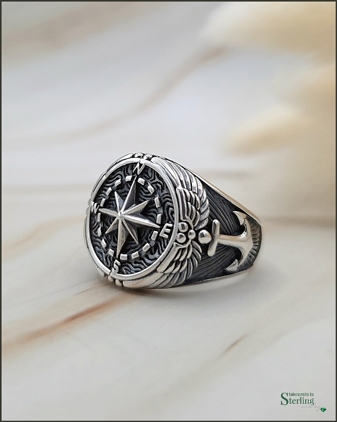 Sterling Silver Oxidized Compass and Anchor Ring