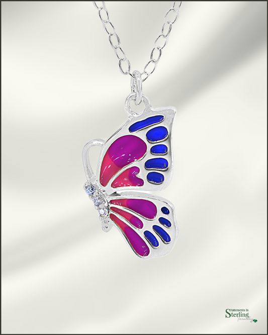 Sterling Silver Enamel Butterfly Necklace in Rhodium