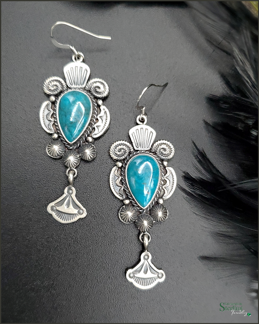 Kingman Turquoise and Sterling Silver Squash Blossom Earrings by Michael and Rose Calladitto