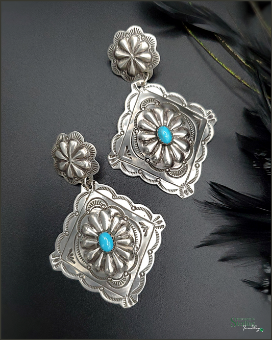 Sleeping Beauty Turquoise and Sterling Silver Concho Earrings by Genevieve Blackgoat