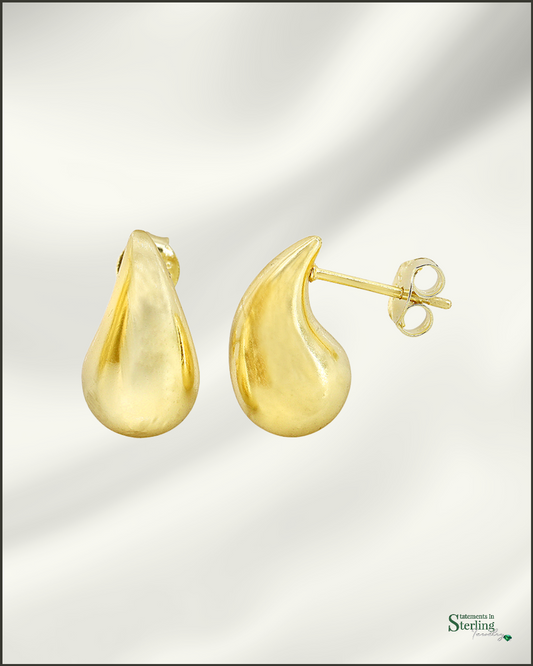 Sterling Silver Teardrop Stud Earrings in Gold