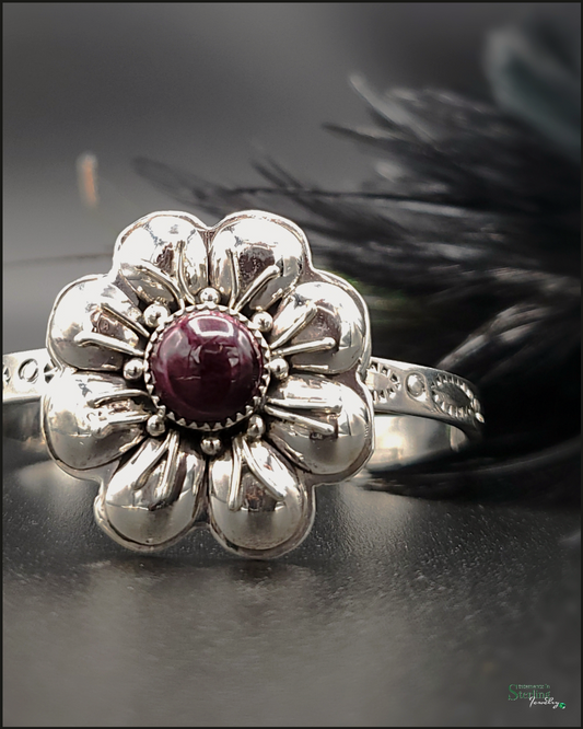 Purple Spiny Oyster and Sterling Silver Flower Cuff Bracelet by Sandra Parkett