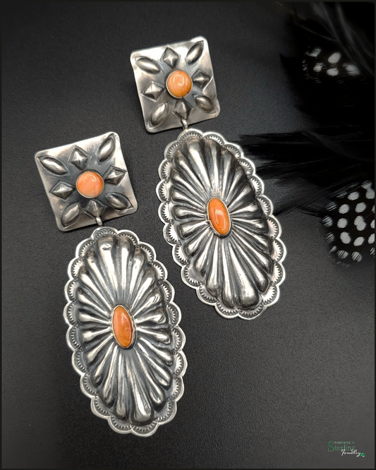 Orange Spiny Oyster and Sterling Silver Oversize Concho Earrings by Rita Lee