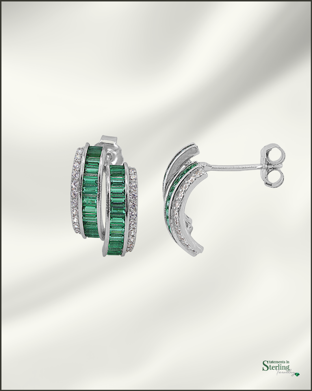 Sterling Silver Emerald Cubic Zirconia Art Deco Earrings in Rhodium