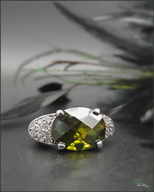 Olive Green Peridot, White Topaz and Sterling Silver Elegance Ring